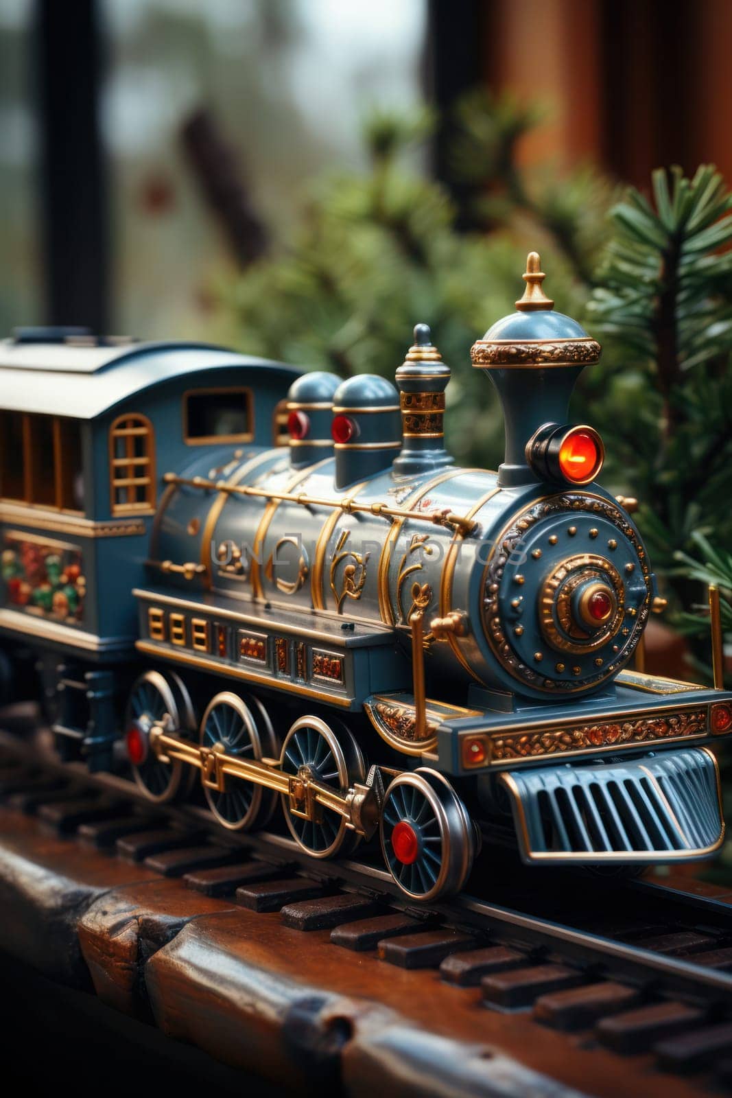 toy Christmas wooden train as a decoration for the Christmas tree. retro locomotive for railway toy road. design and gift concept for New Year's holiday