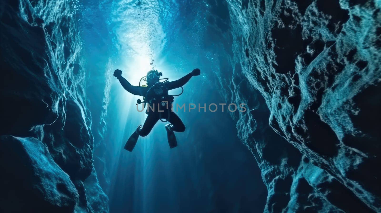 Deep sea scuba diver swimming in a deep ocean cave in rays of light from the surface.