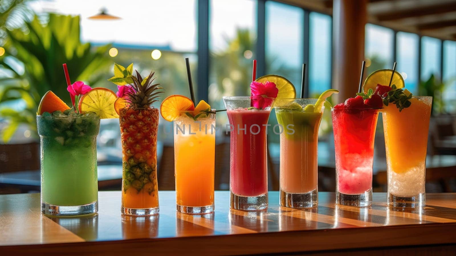 refreshing summer drink with berries, lemon and ice On a table against the backdrop of the sea
