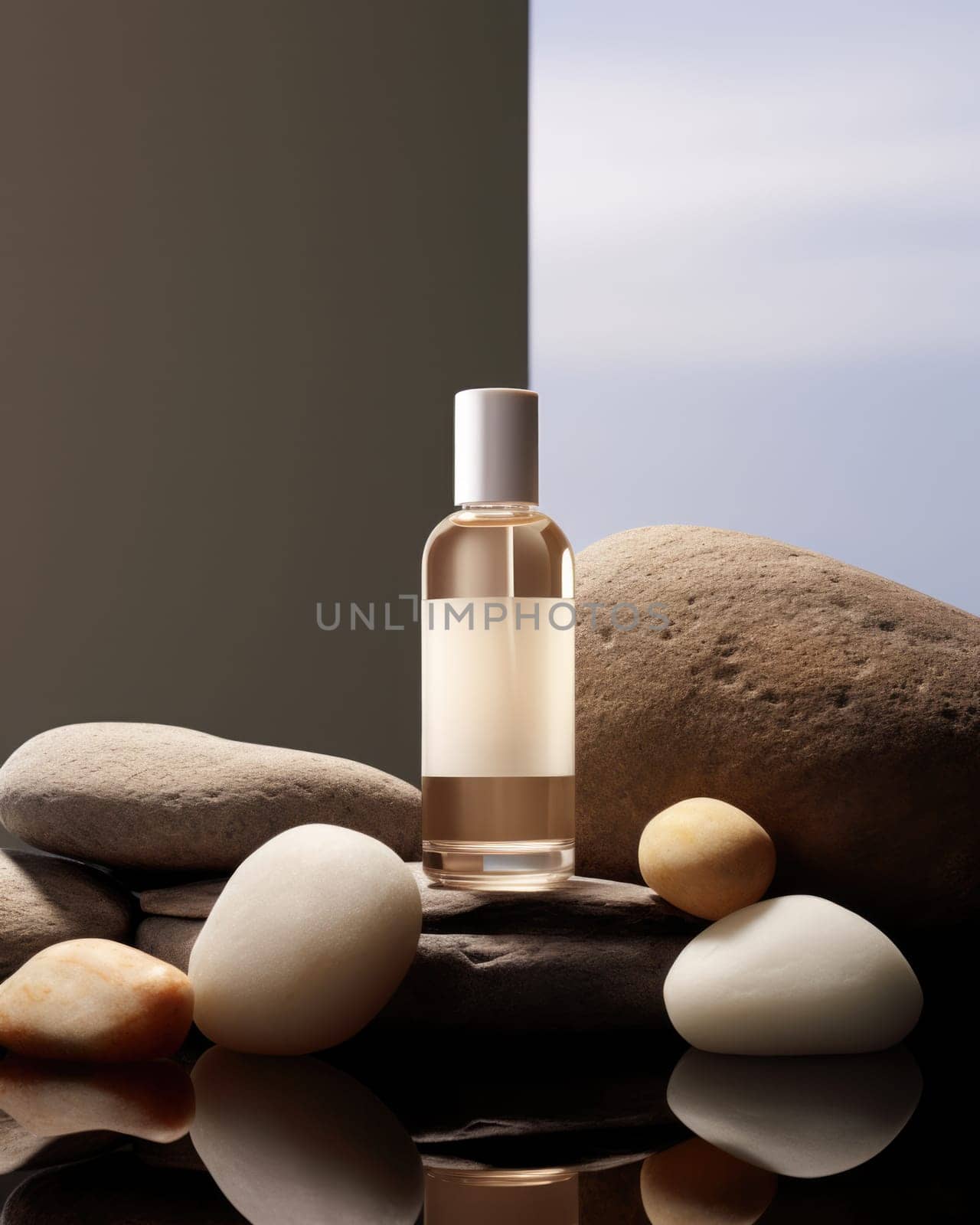 glass cosmetic bottle mockup on stones. luxury product presentation .