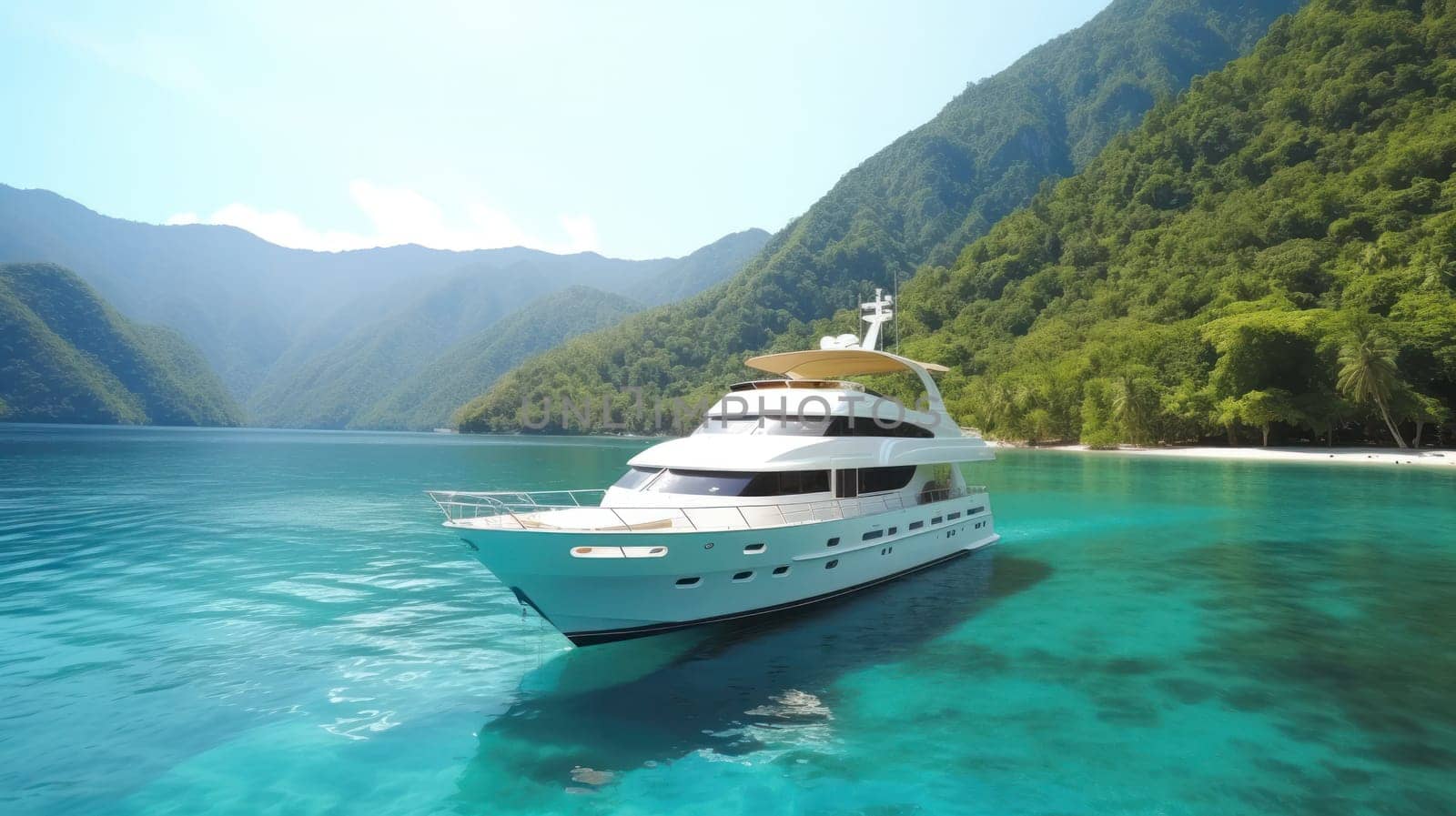Cruise liner in a beautiful bay with turquoise colored water. luxury travel and leisure. Generative AI.