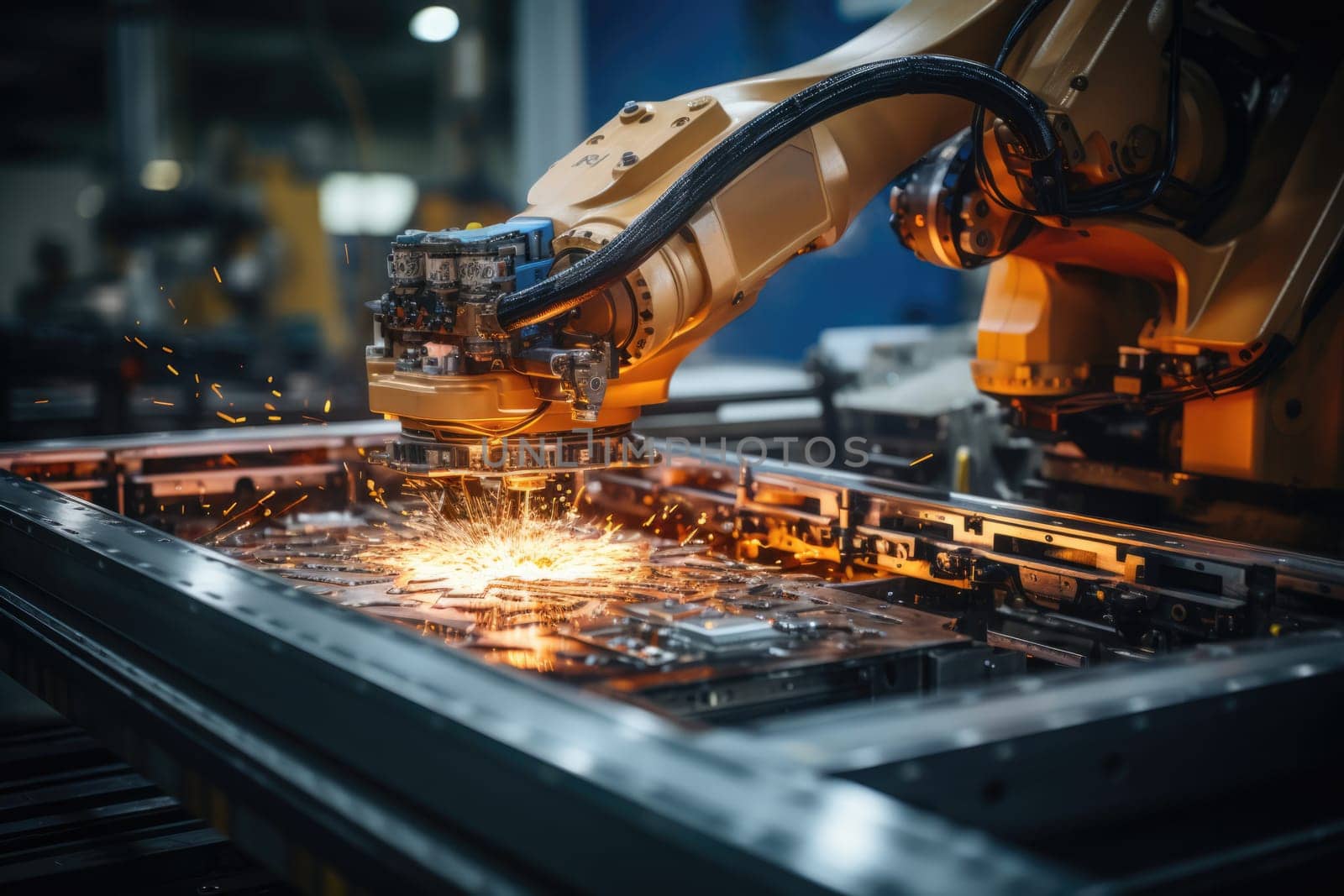 welding machine, Robotic assembly line at a car factory.