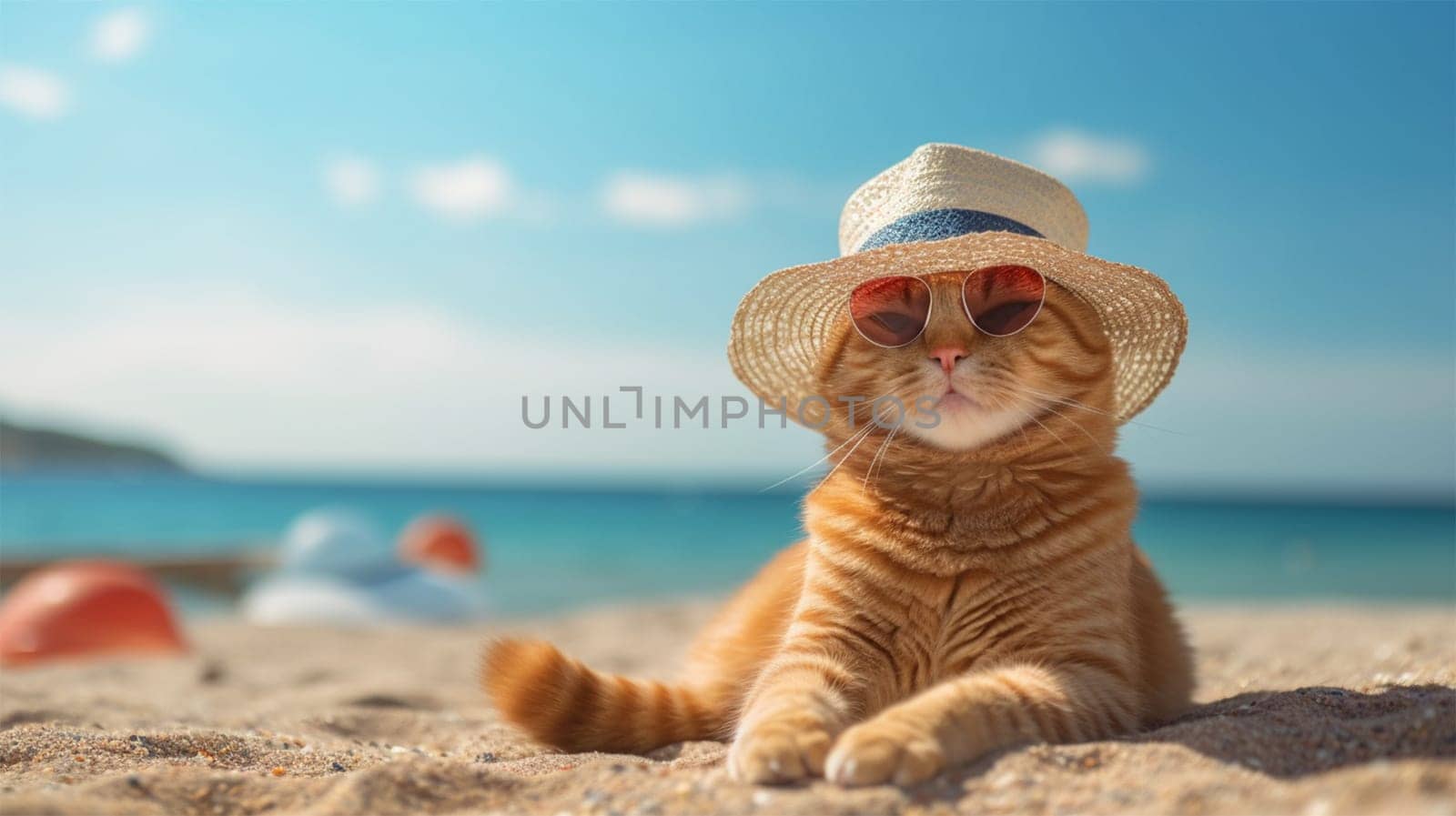 red-haired imposing cat in a white straw hat on a sandy beach under the sun. concept of rest and relaxation.