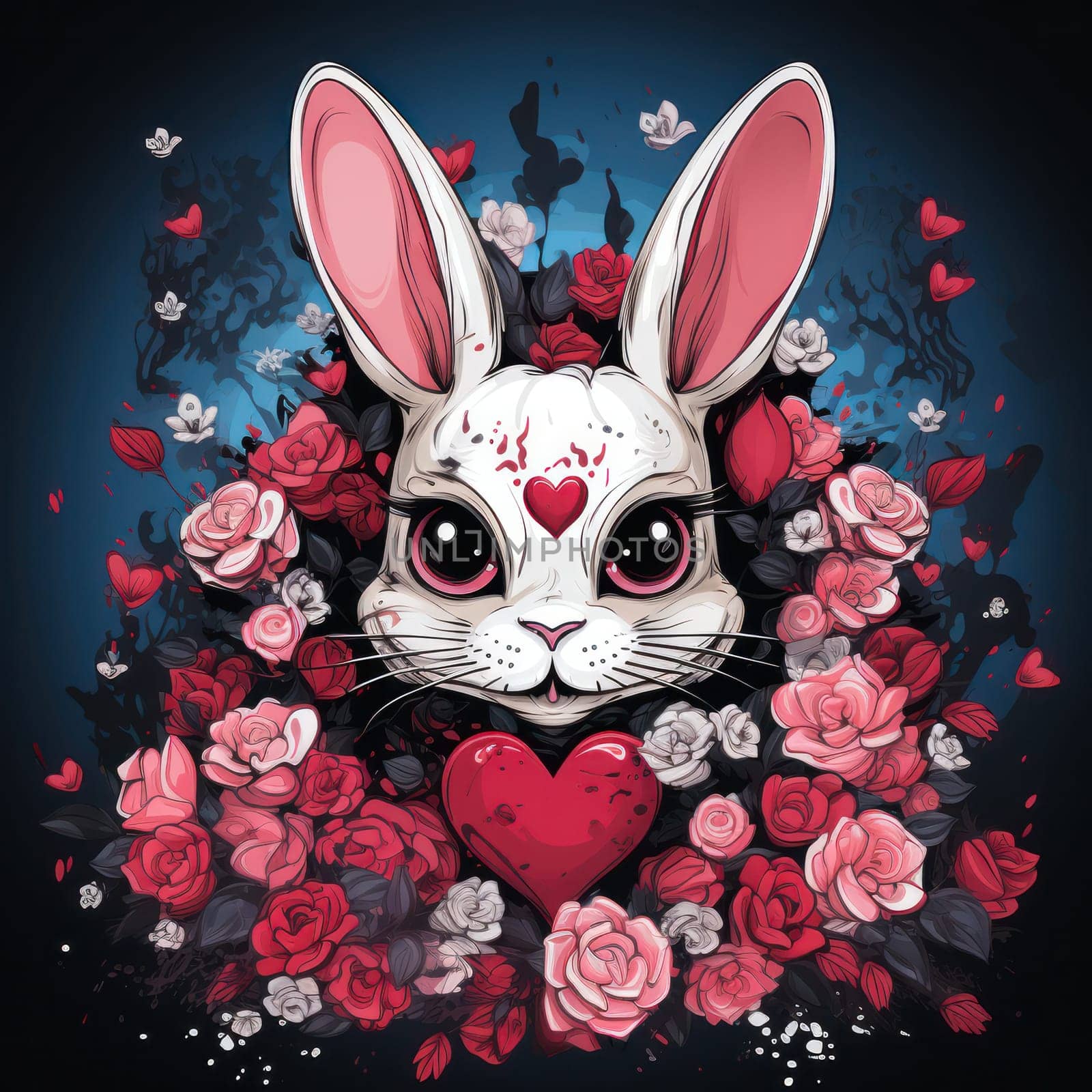 colorful bunny head with fancy pattern Day of the Dead, Dia de los muertos on black background.drawing on a t-shirt