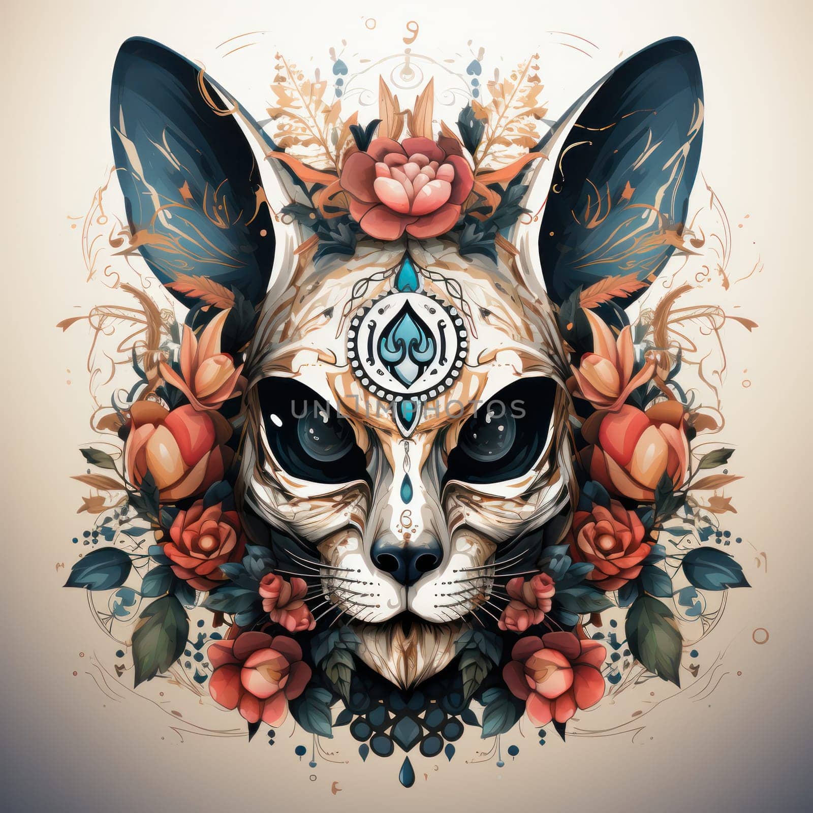 colorful bunny head with fancy pattern Day of the Dead, Dia de los muertos .drawing on a t-shirt