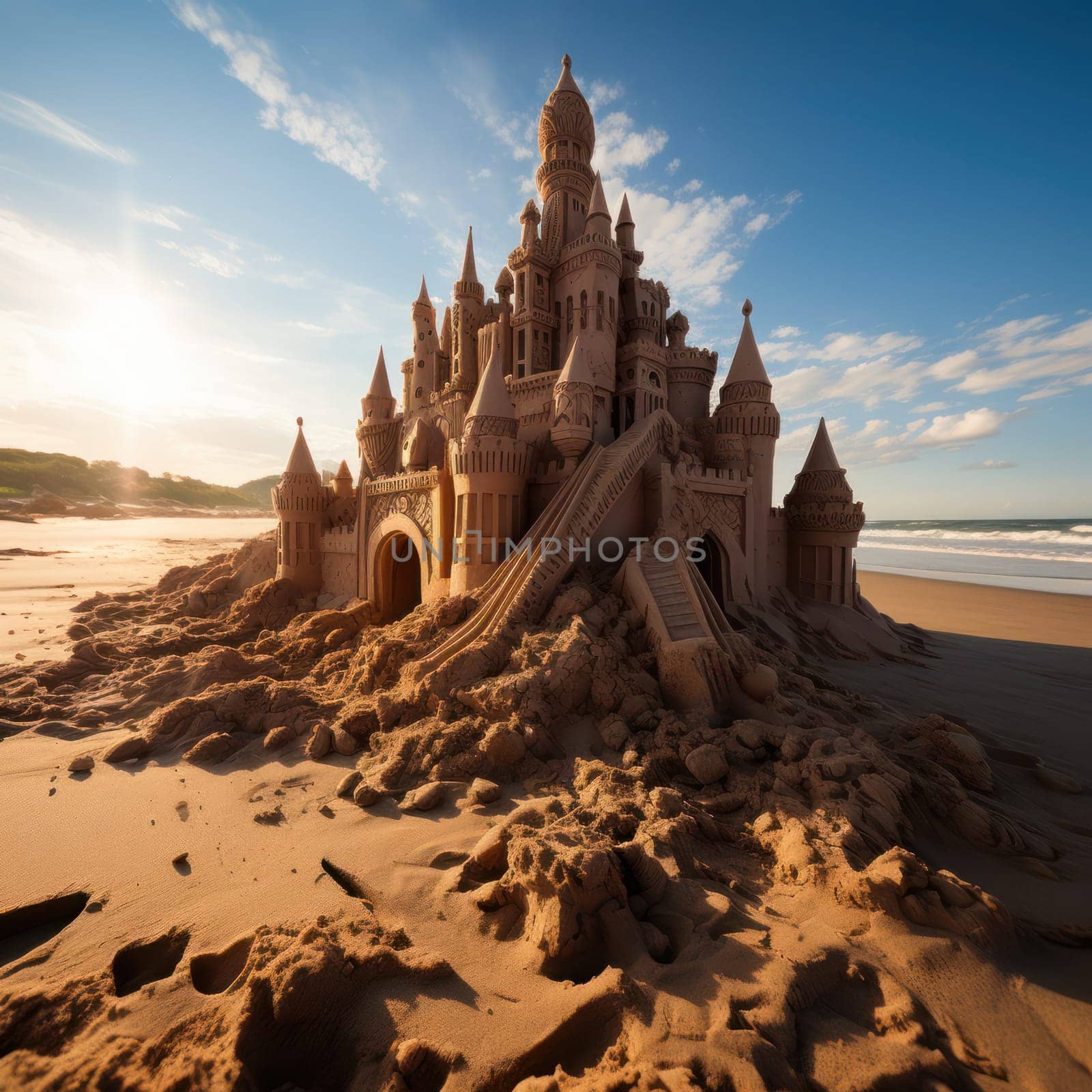 Sand castle on a sandy beach near the sea
