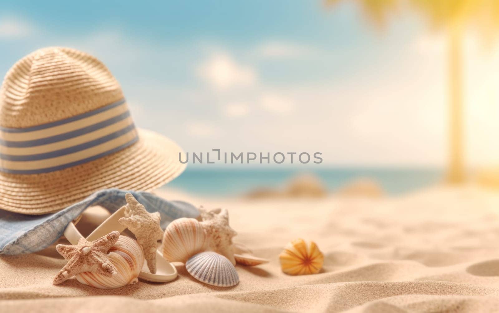 Tropical beach with straw hat and starfish in the sand, space for copy text. Summer holiday concept.