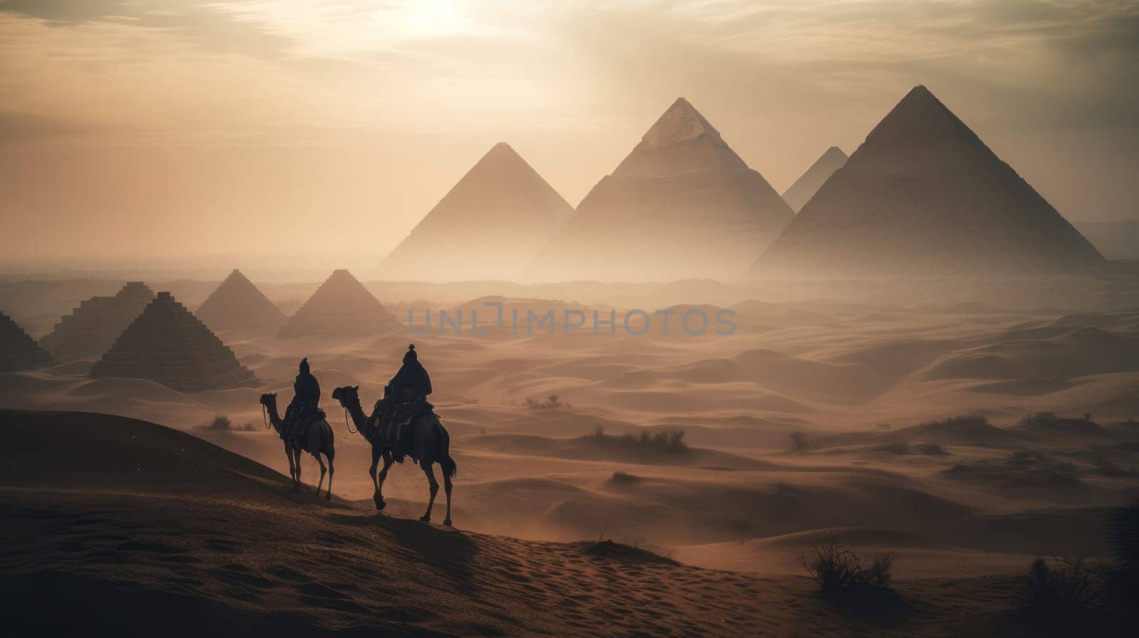 Camel travelers traverse a vast and arid desert landscape with pyramids and sunset in the background. A sandstorm begins.