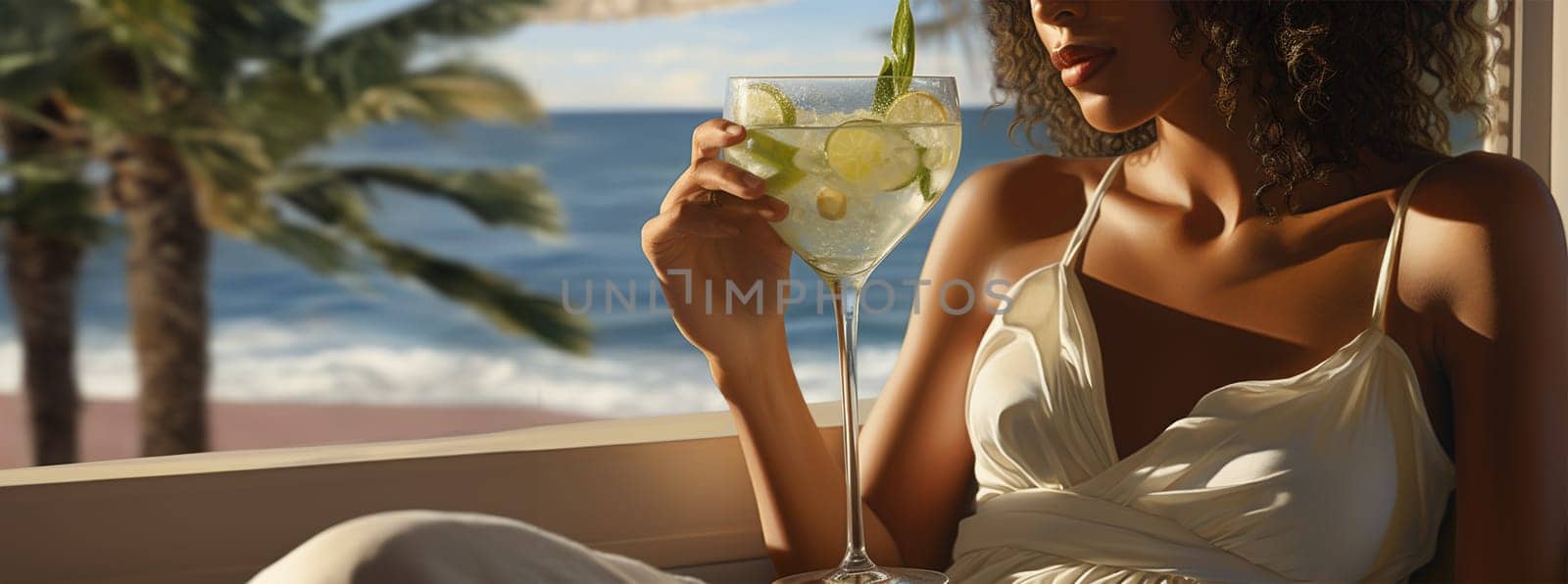 Beautiful black woman in a white dress with a cocktail with ice, sitting in an easy chair on the background of the sea. Close-up of a refreshing drink