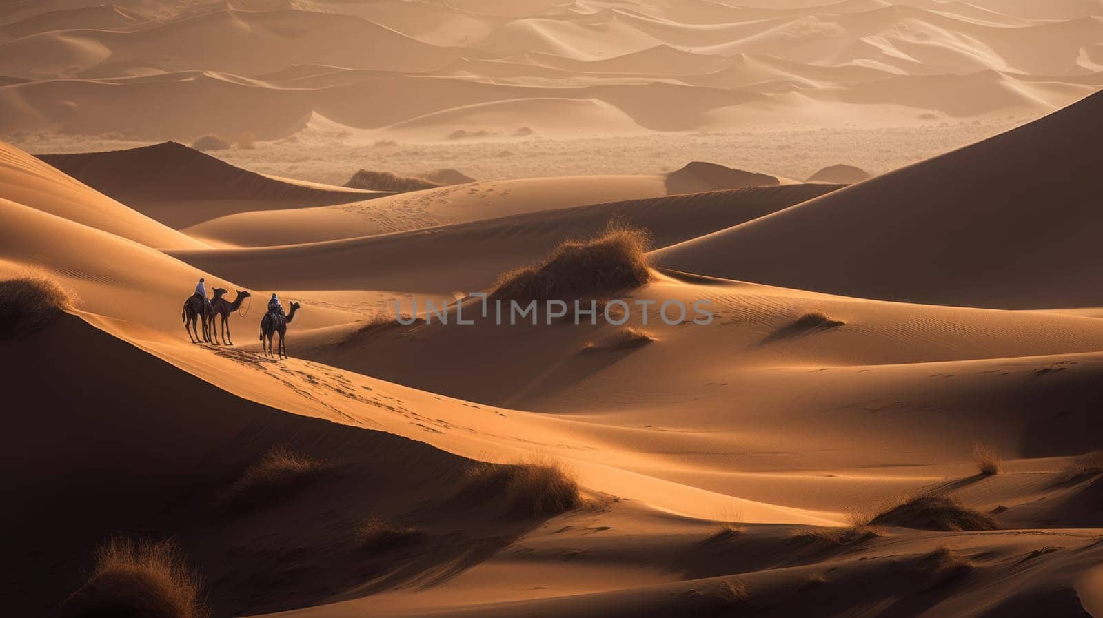 Camel travelers cross a vast and arid desert with sunset in the background. A sandstorm begins.