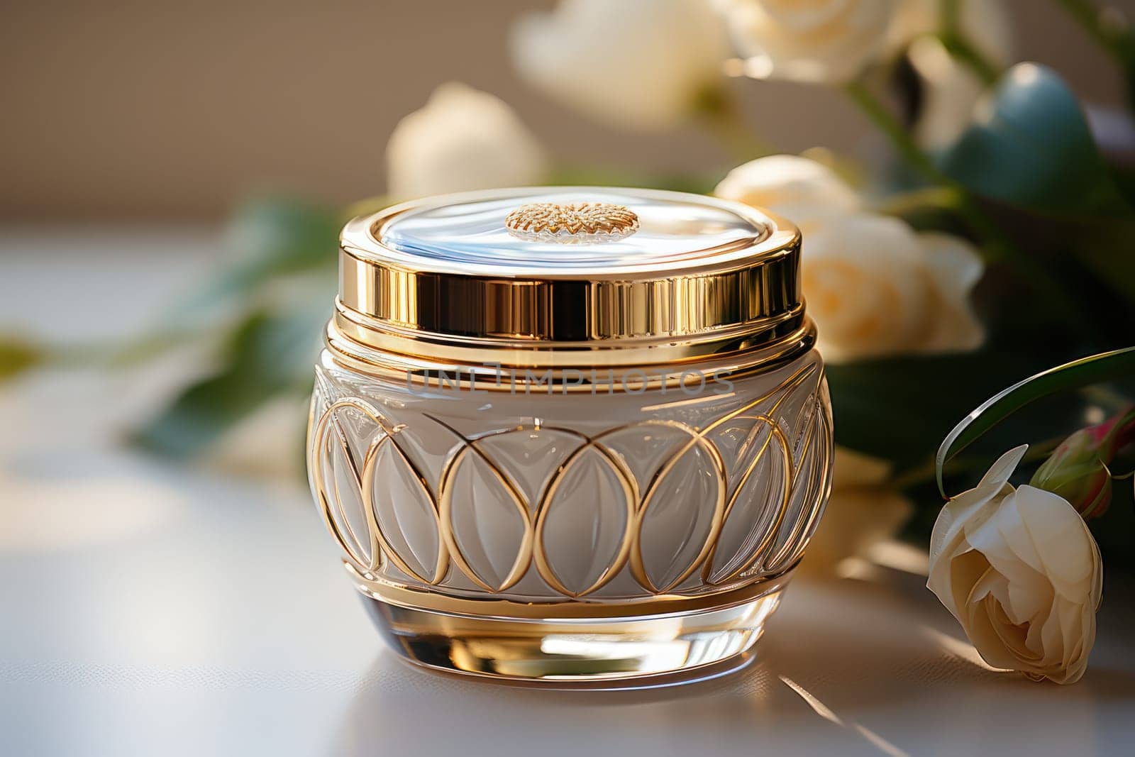 Cosmetic crystal bottle inlaid with gold of a luxury product with white fresh flowers. product presentation, demonstration of cosmetic products. Modern stylish luxury bottle