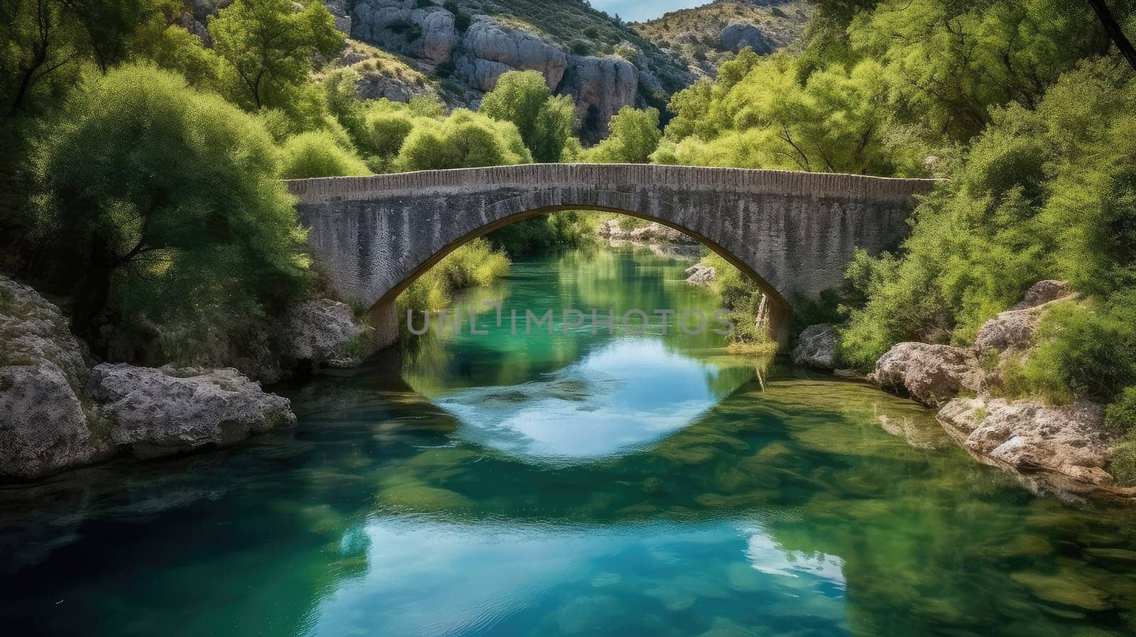Roman bridge.arch bridge across the river. Monument of ancient Roman architecture. Generative AI