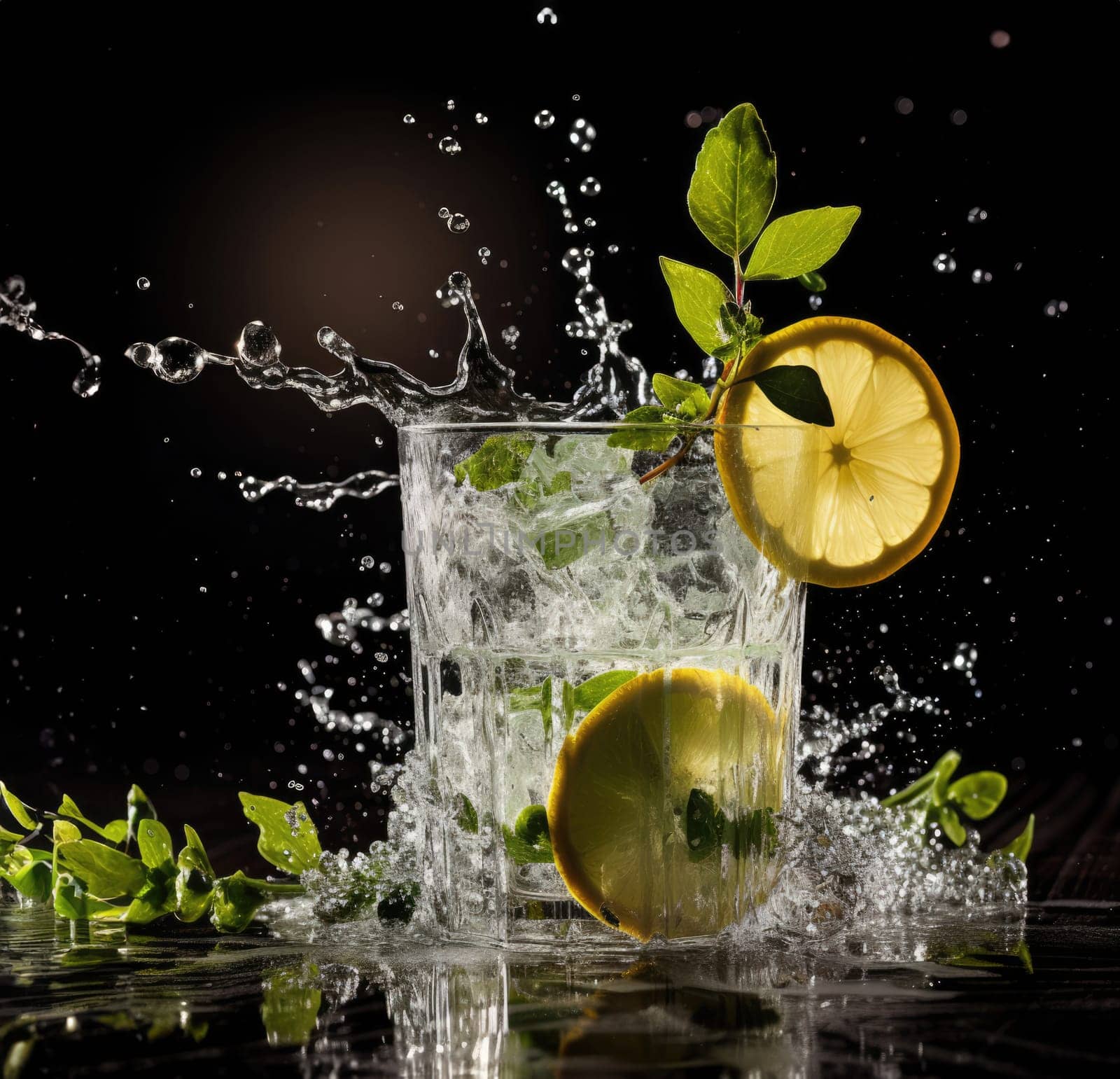 Cut transparent glass with crystal falling water, mint and lemon on a black background.
