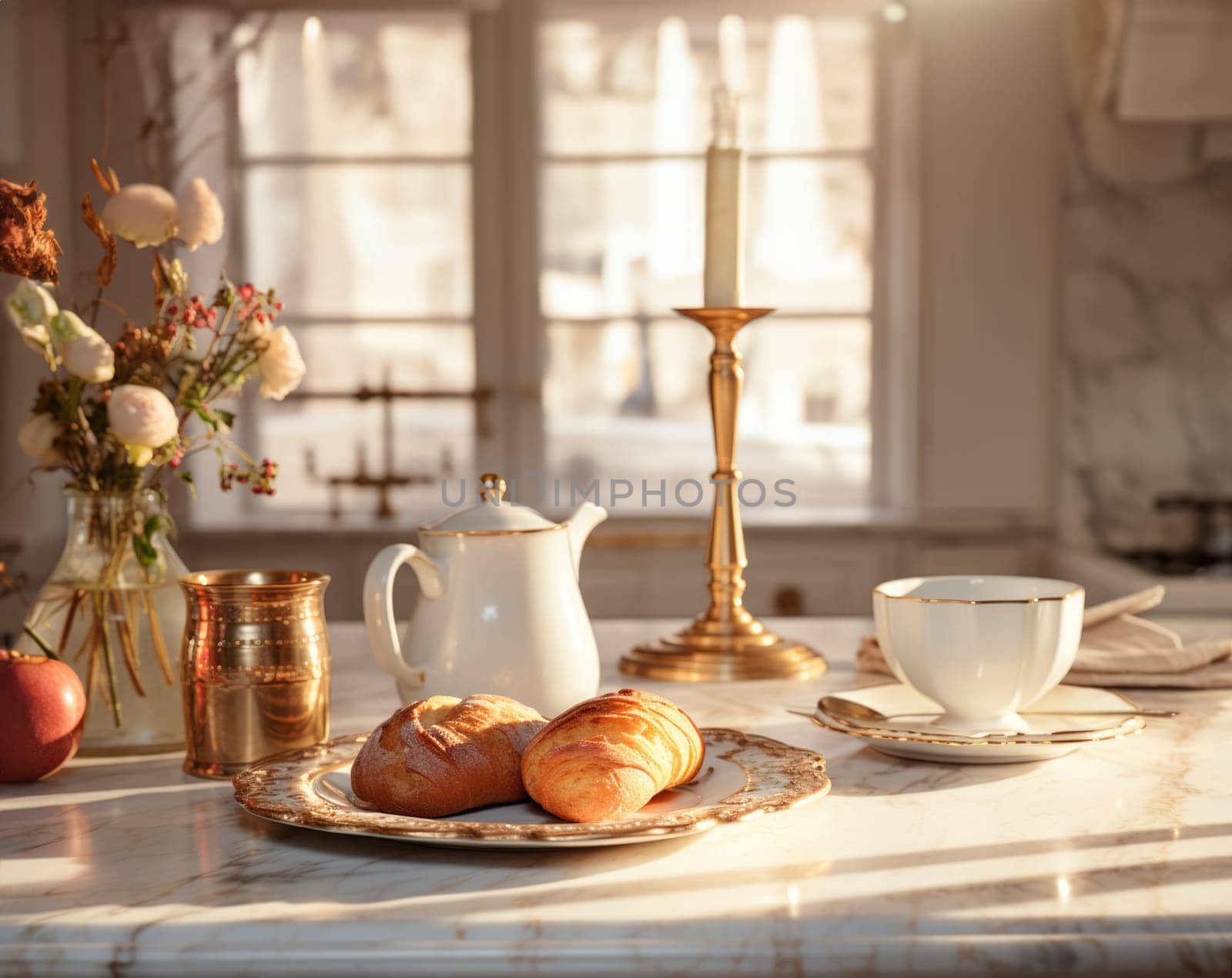 fresh bread on a marble tabletop early in the morning.
