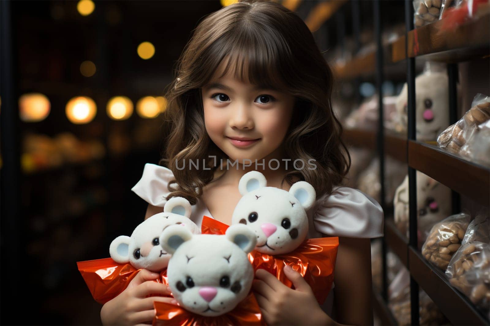 cute happy girl in the doll department in a toy store.