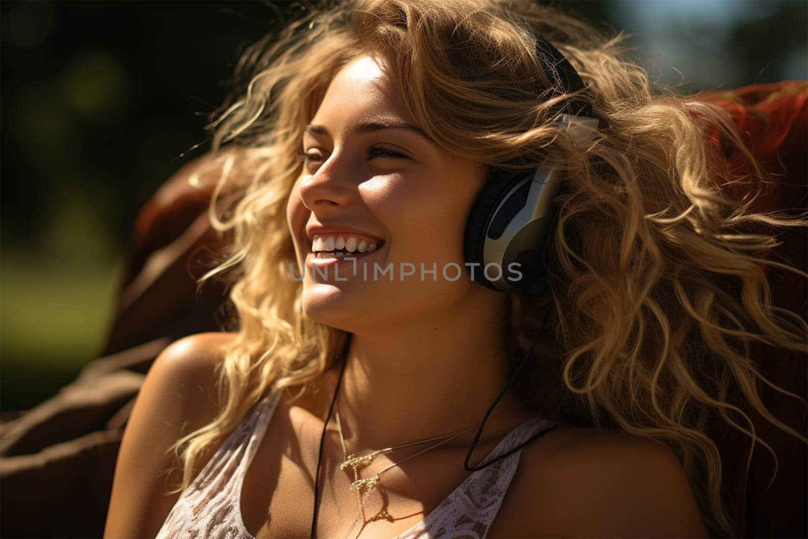 cheerful young woman listening to music on headphones in nature. warm atmosphere.