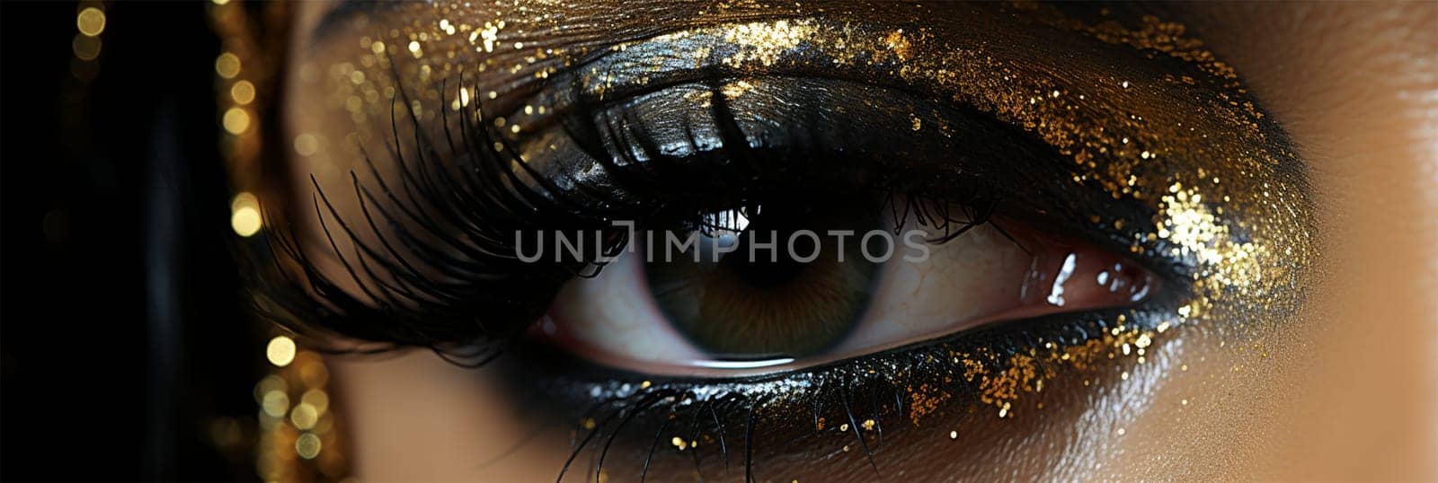 Close-up of a woman's eyes with gold makeup.eye of a beautiful woman with gold paint