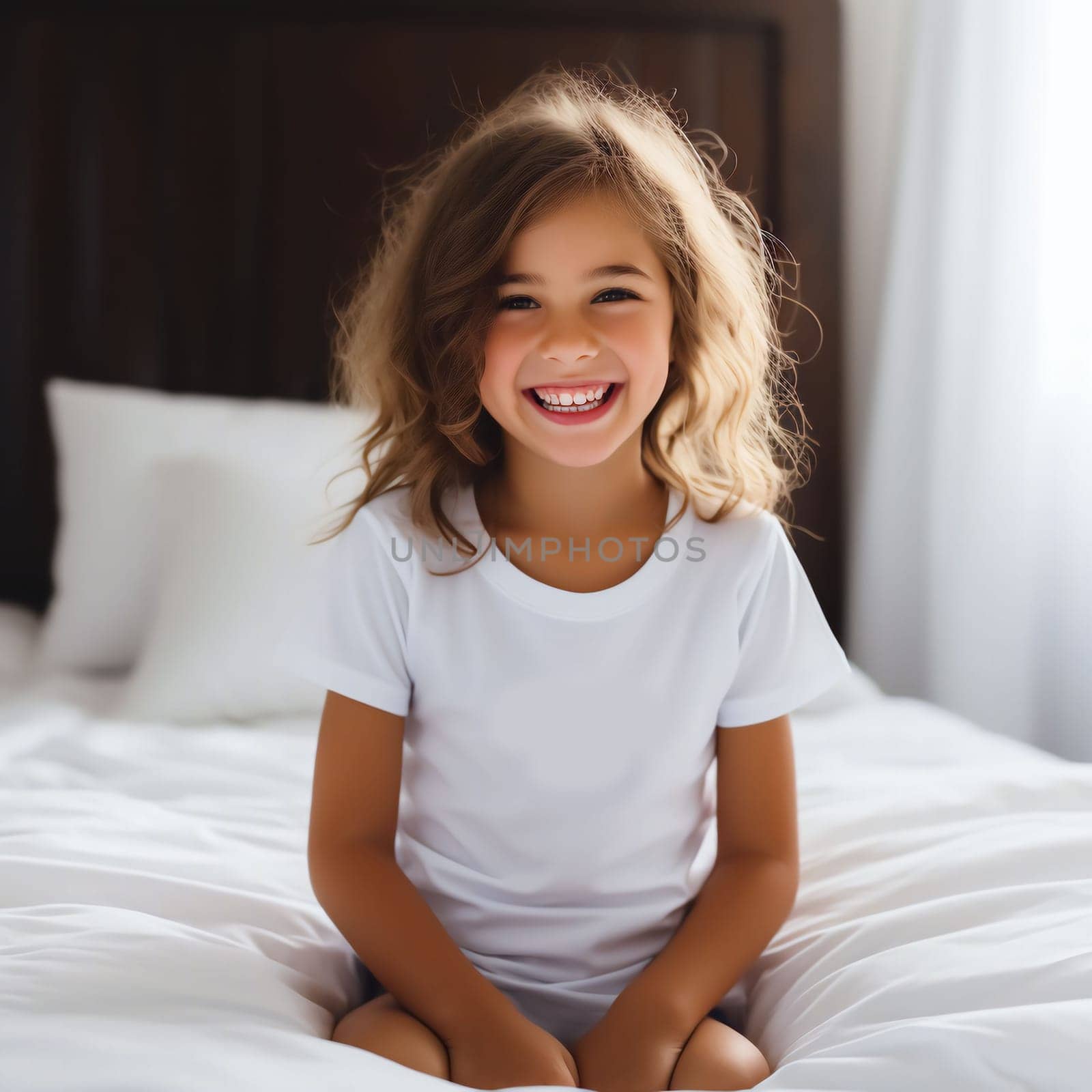 Mockup of a white T-shirt in a child's room. Soft beige interior for a baby
