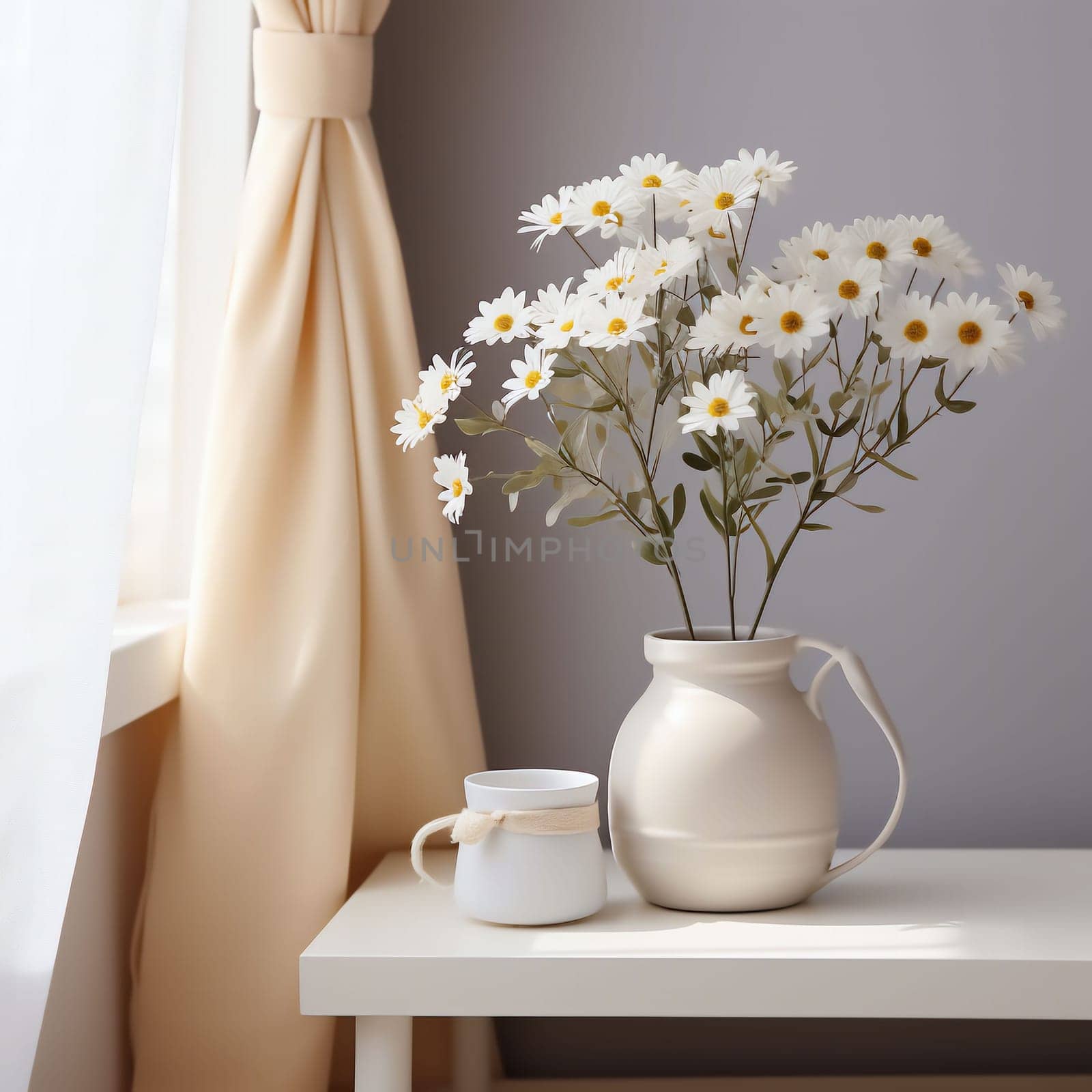 Cozy cute interior scene with flowers in a vase in soft beige colors.