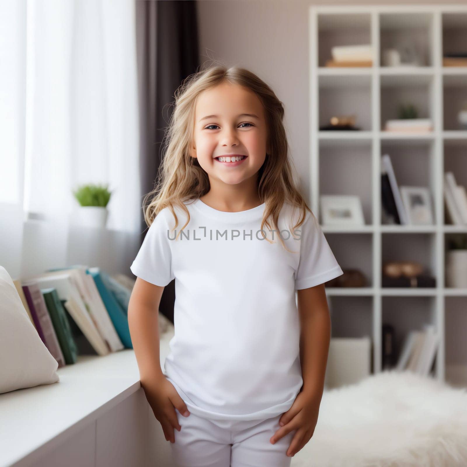 Mockup of a white T-shirt in a child's room. Soft beige interior for a baby