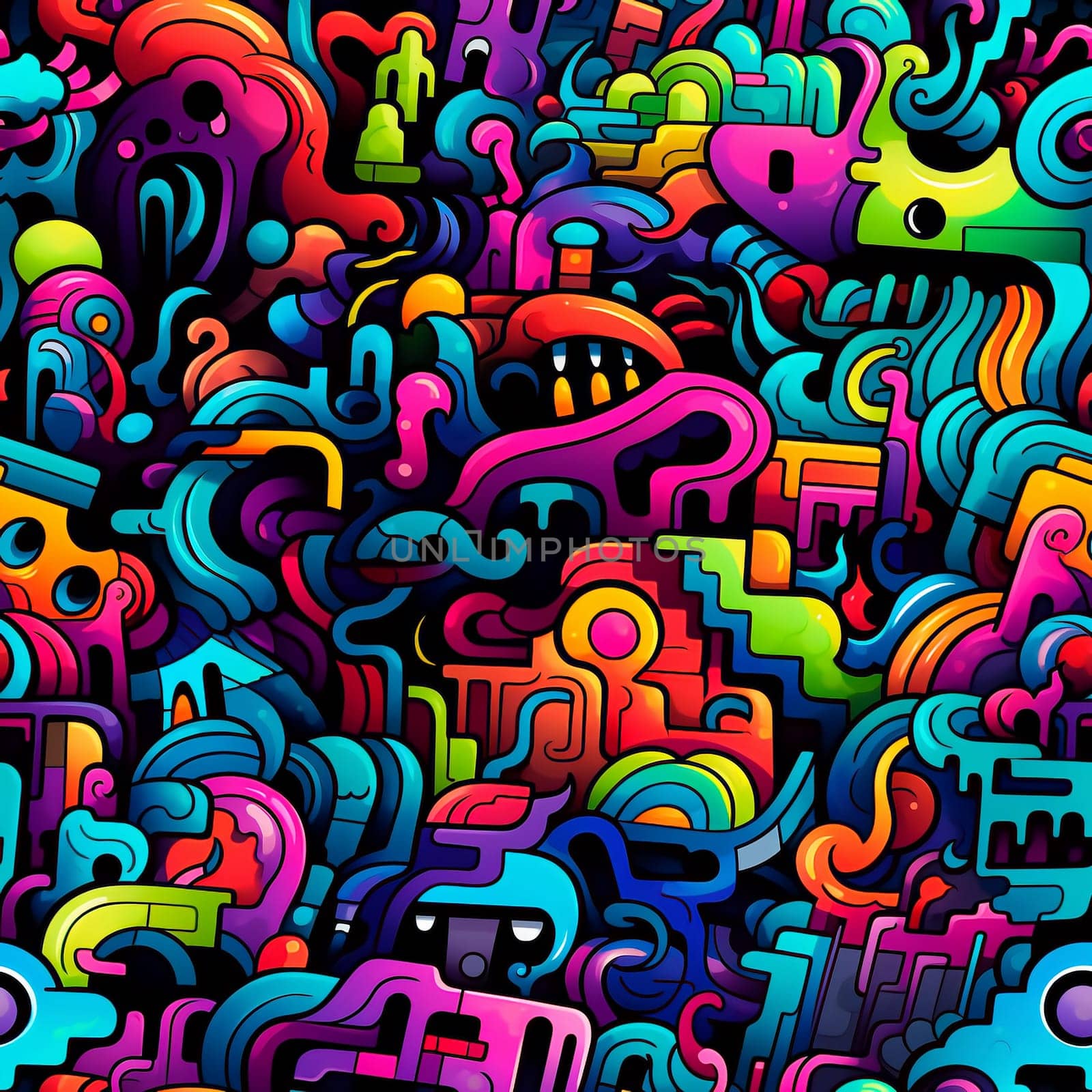 Bright TEENAGE PATTERN. Graffiti seamless texture with fancy elements and drips.
