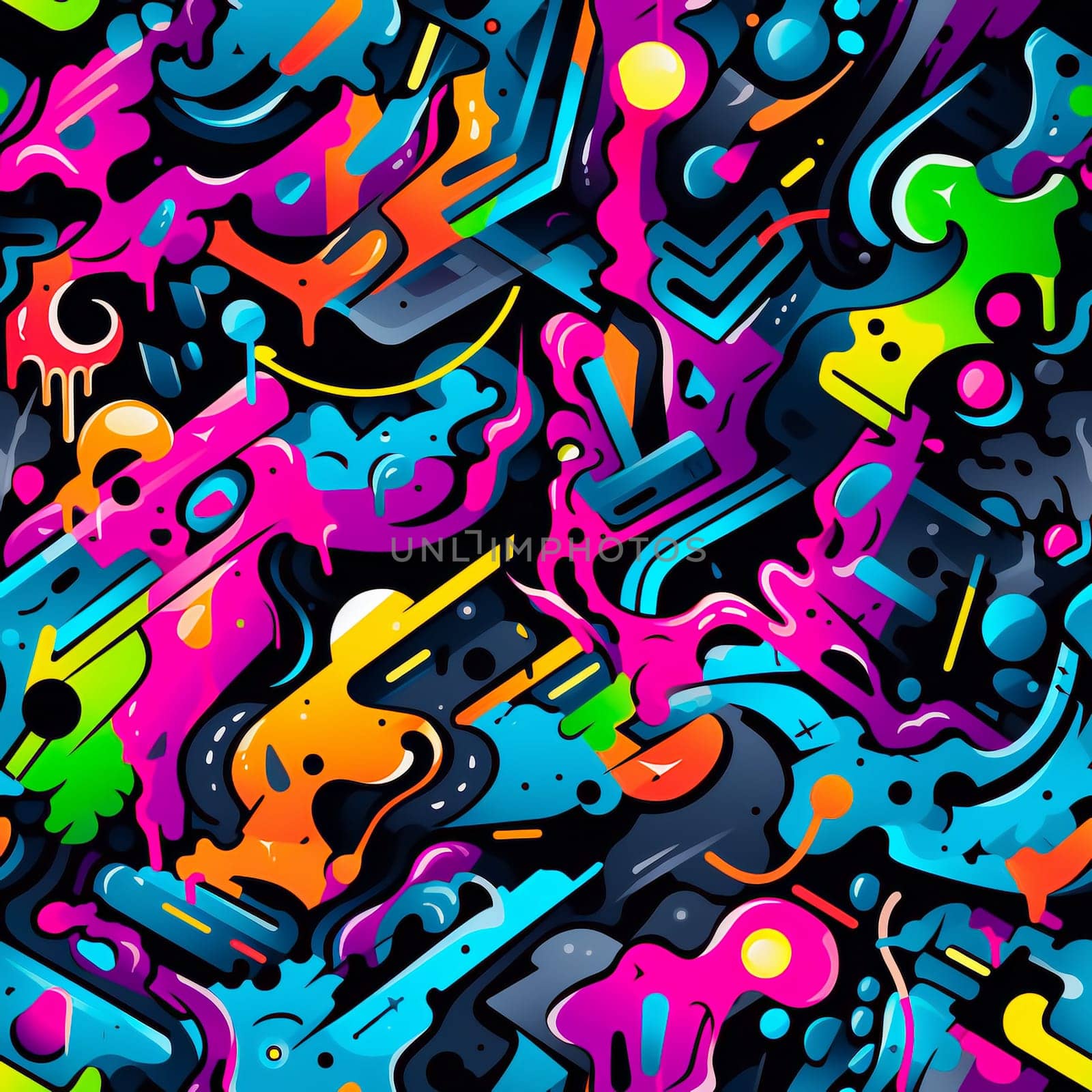 Bright TEENAGE PATTERN. Graffiti seamless texture with fancy elements and drips.