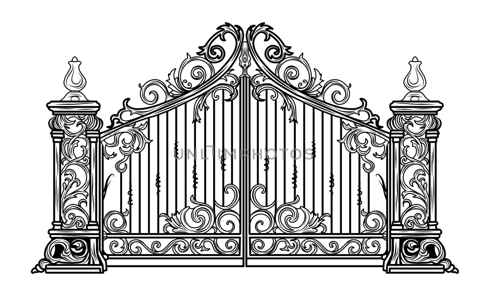 ANTIQUE METAL GATE. Black on white sketch of wrought iron bi-fold garden doors. Church gate with scrolls and leaves.