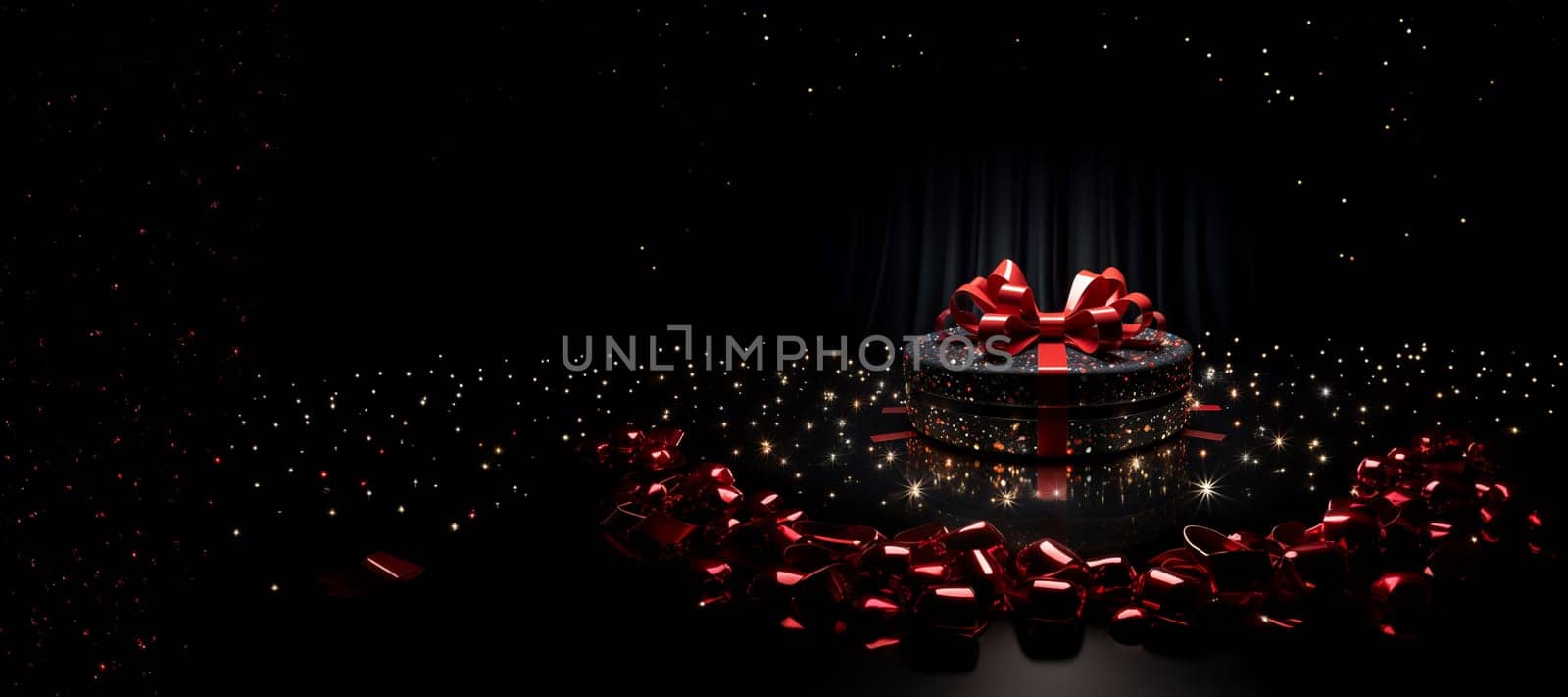 Black Friday background. Gift box with glitter on black background