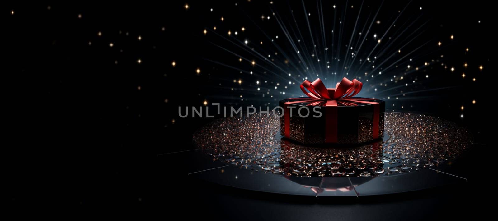 Black Friday background. Gift box with glitter on black background