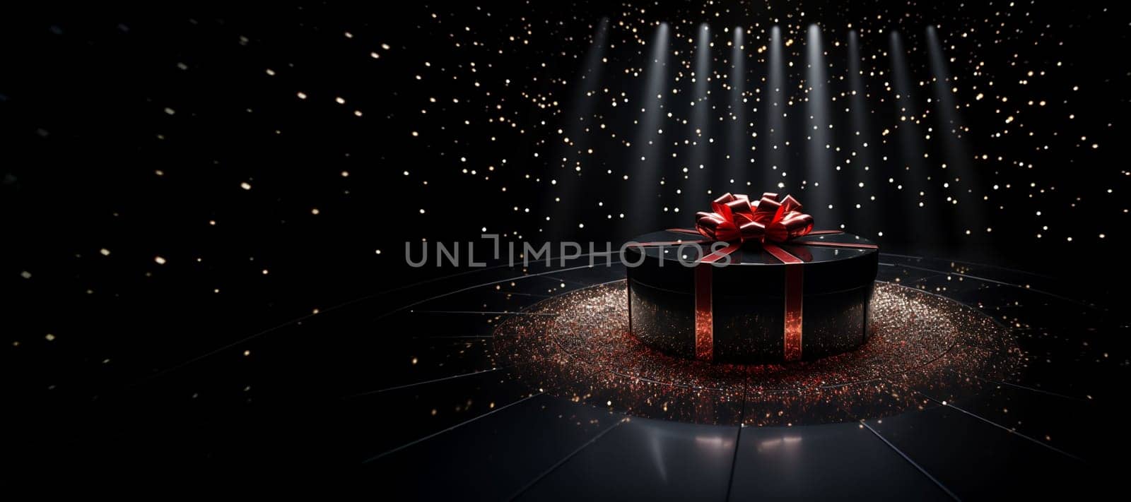 Black Friday background. Gift box with glitter on black background