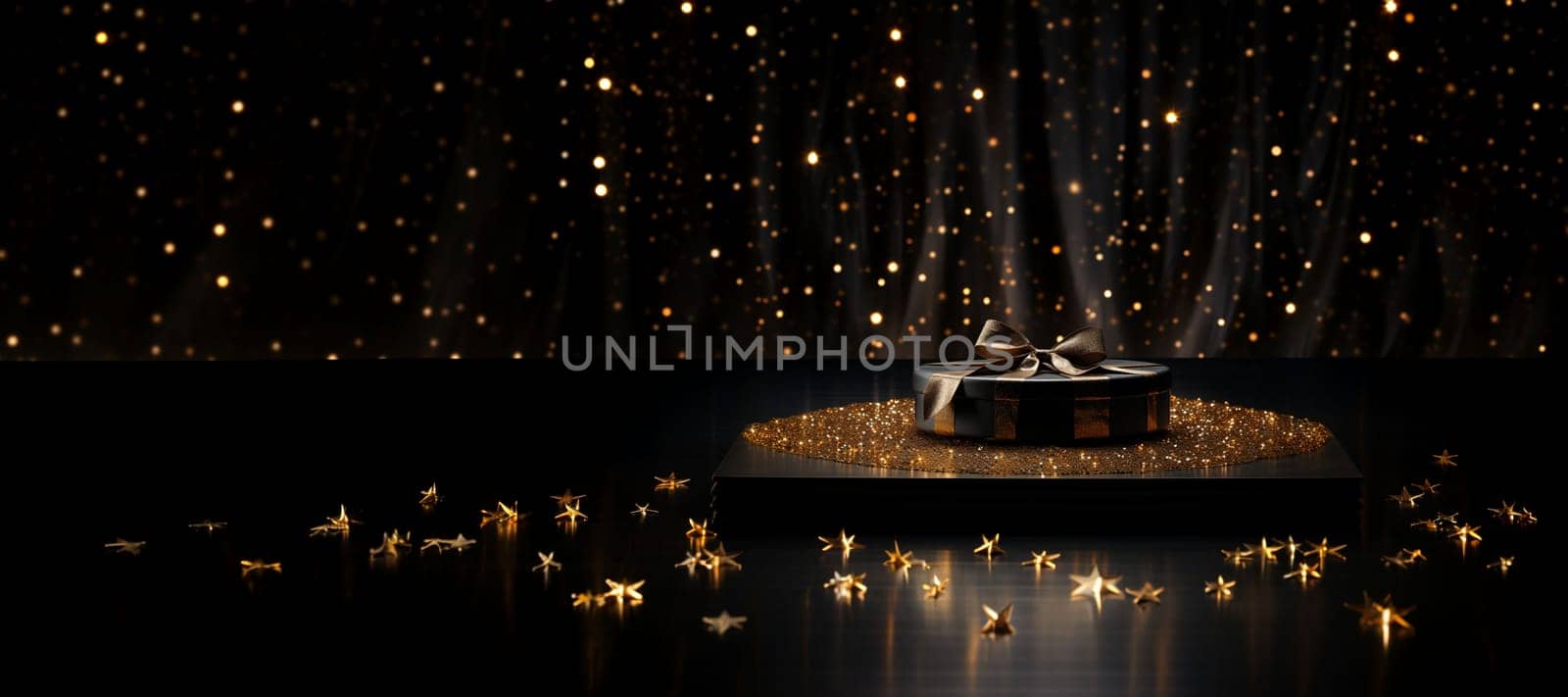 Black Friday background. Gift box with glitter on black background