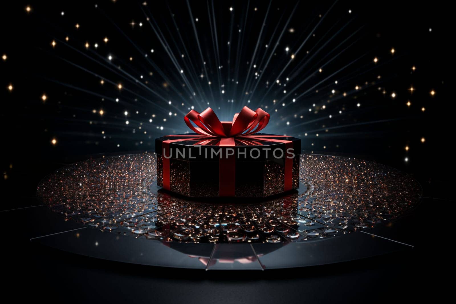 Black Friday background. Gift box with glitter on black background