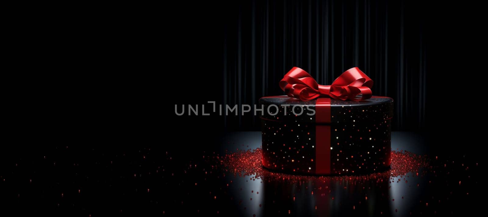 Black Friday background. Gift box with glitter on black background