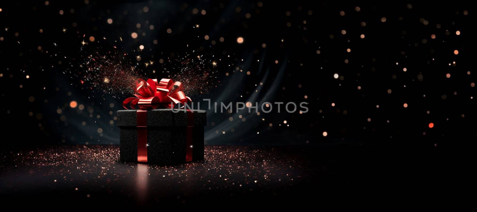 Black Friday background. Gift box with glitter on black background