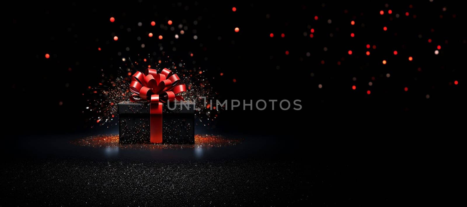Black Friday background. Gift box with glitter on black background