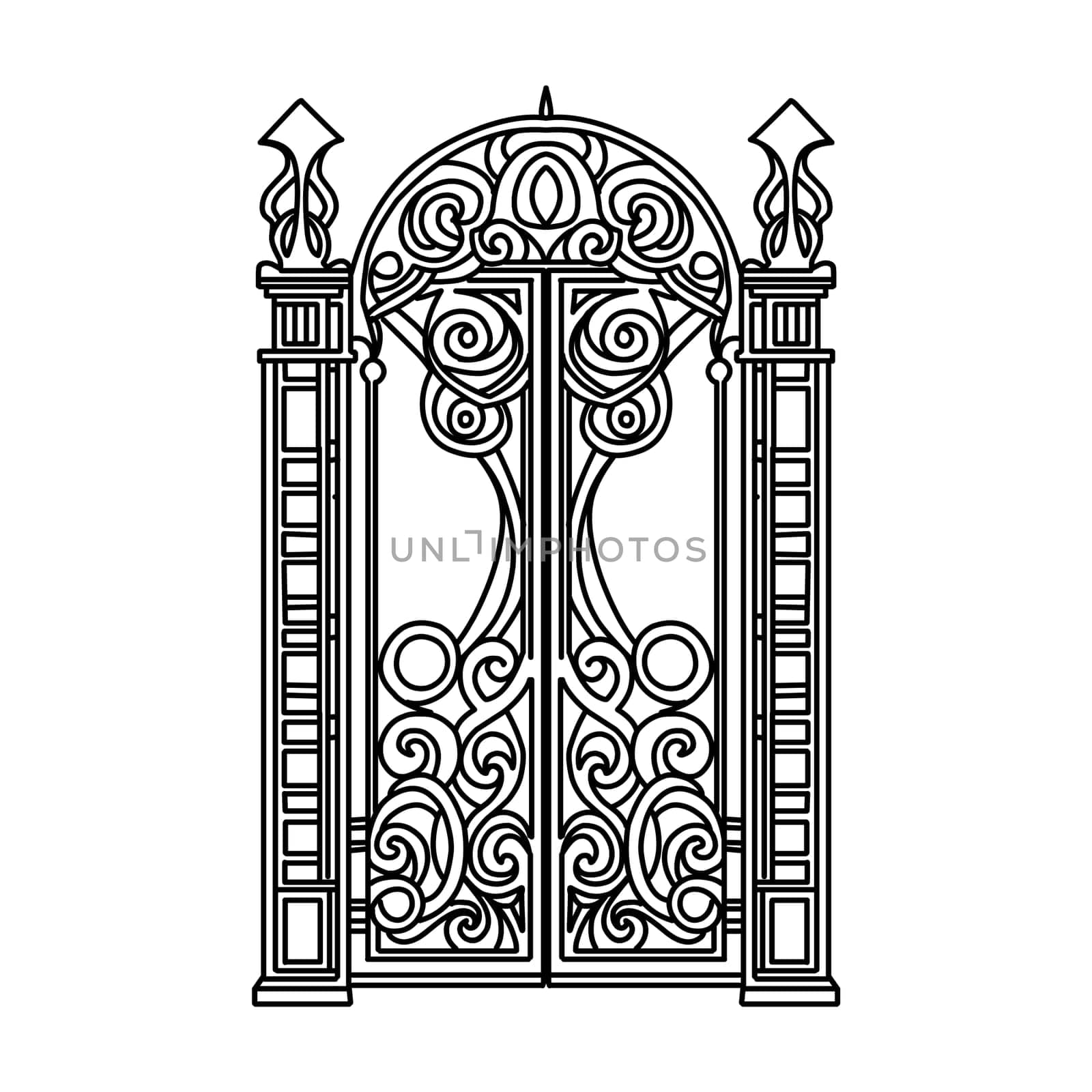 ANTIQUE METAL GATE. Black on white sketch of wrought iron bi-fold garden doors. Church gate with scrolls and leaves.