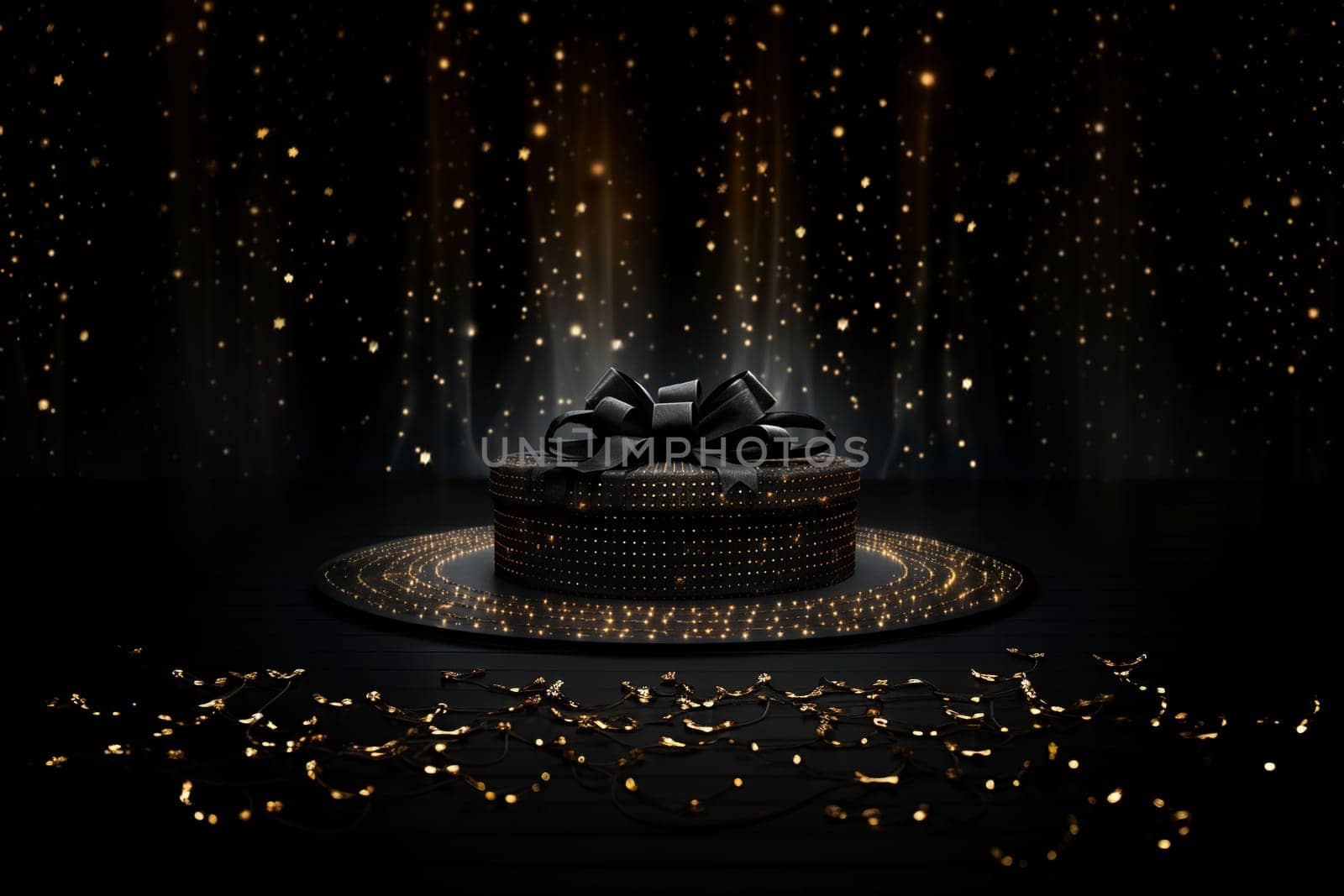 Black Friday background. Gift box with glitter on black background