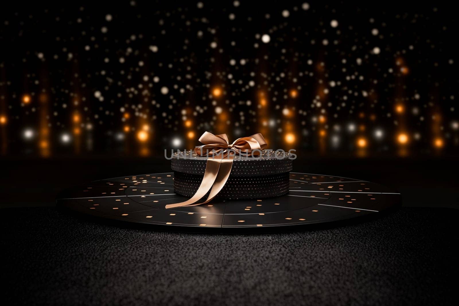 Black Friday background. Gift box with glitter on black background