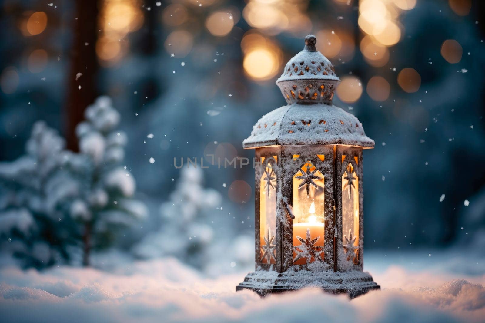 Xmas time and lamp of light with night time. Decorated Christmas lantern with burning candle outdoors. AI generated