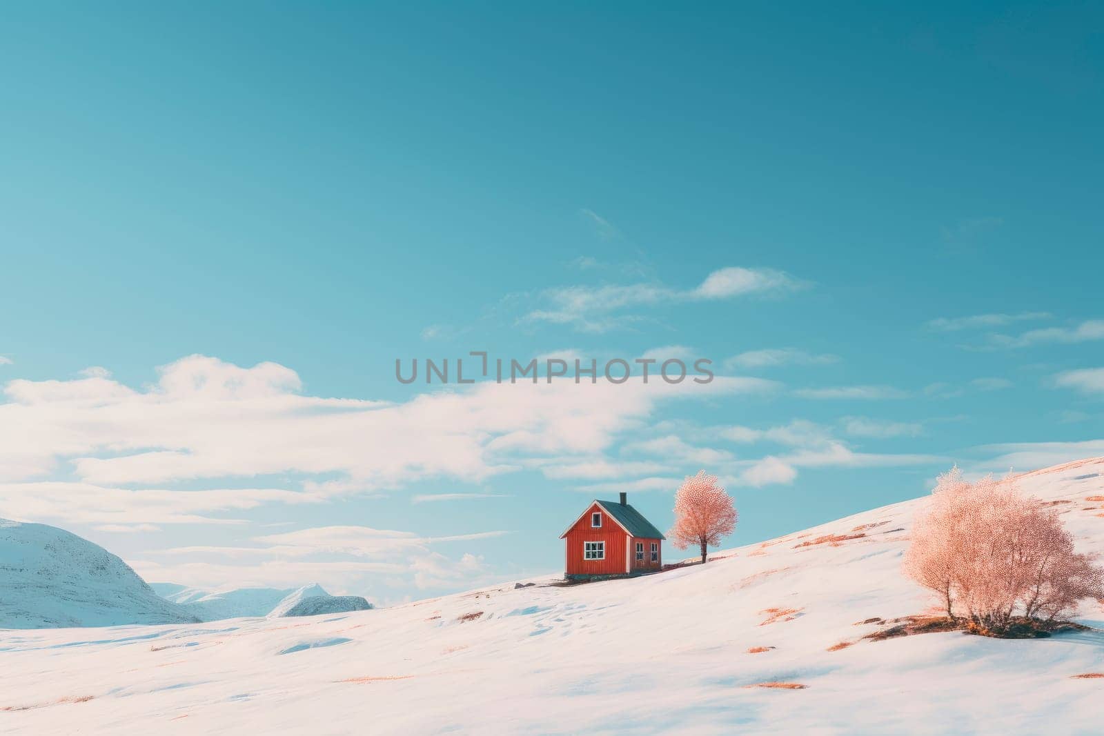 A small abandoned cabin in a snowy mountains. Red wooden hut in a mountains. AI generated