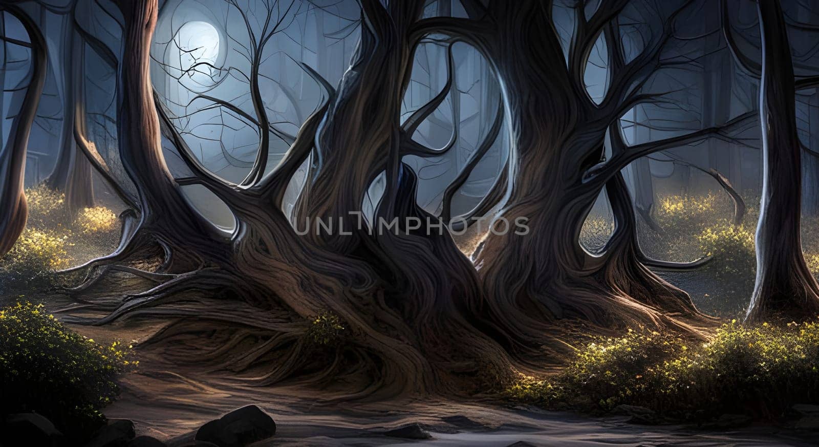Spooky forest illuminated by the full moon