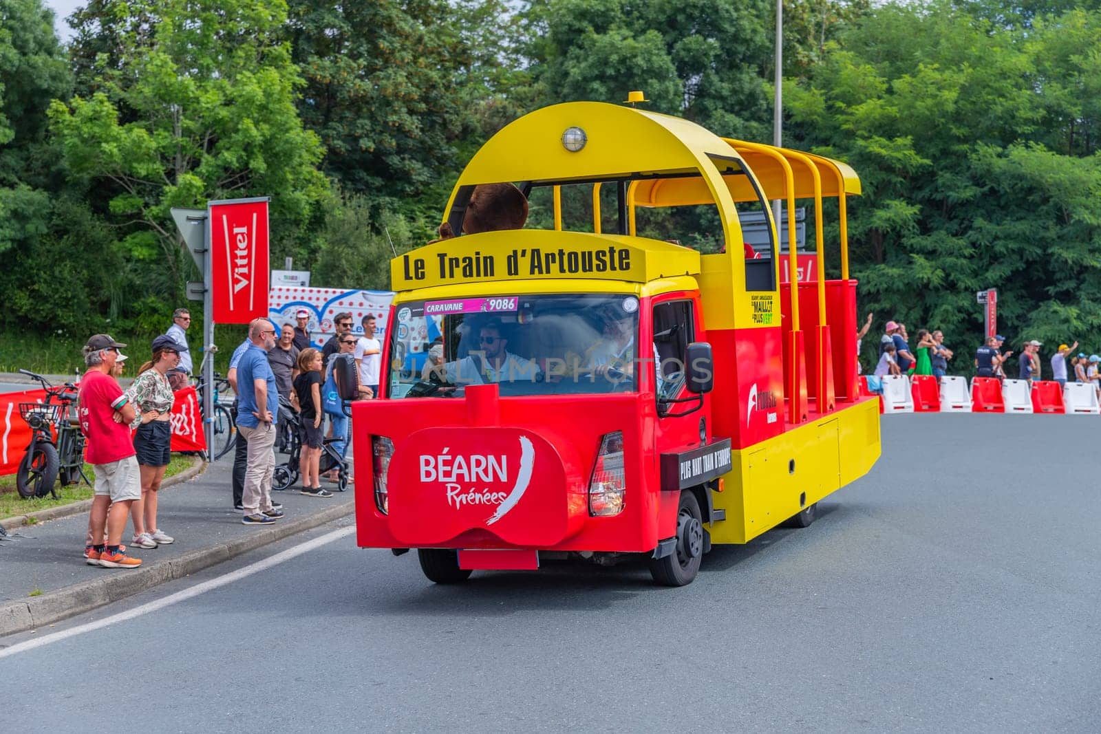 Bayonne, France: 03 July 2023: Caravan car of Tour de France in the 3 stage of "Le Tour de France"" in Bayonne, Basque Country. France."
