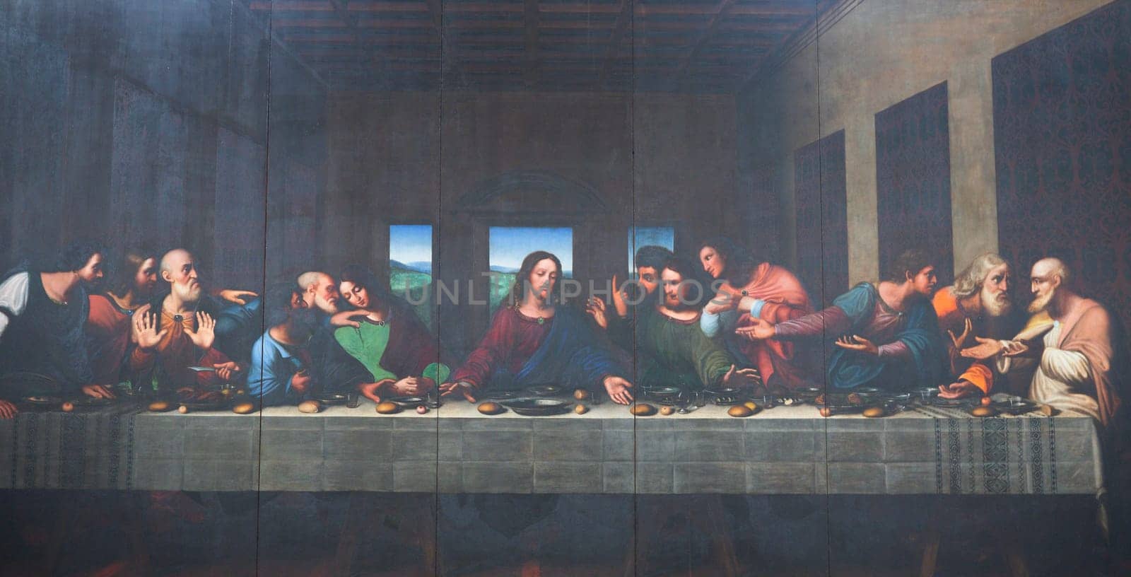 Turin, Italy - April, 2023: the painting of Last Supper in Duomo after Leonardo da Vinci by Vercellese Luigi Cagna, 1836