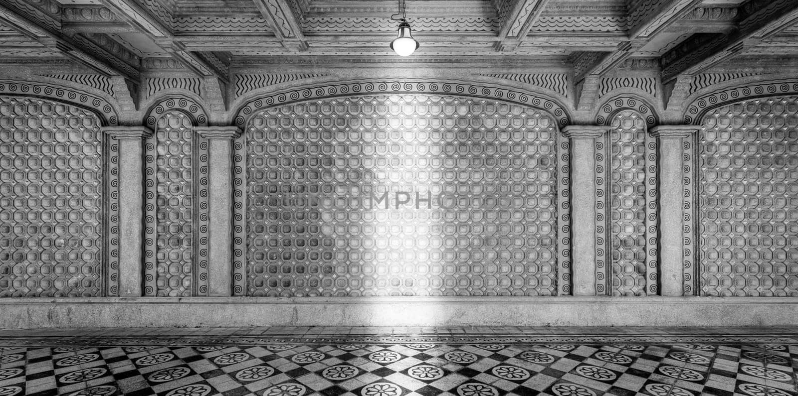 Old palace wall. Antique empty decorated interior with traditional floor, nobody