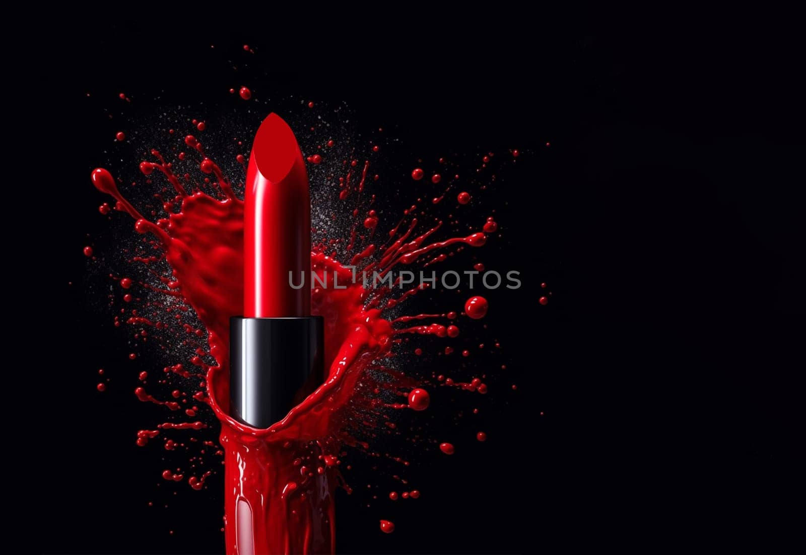 Red lipstick in a splash of red on a black background