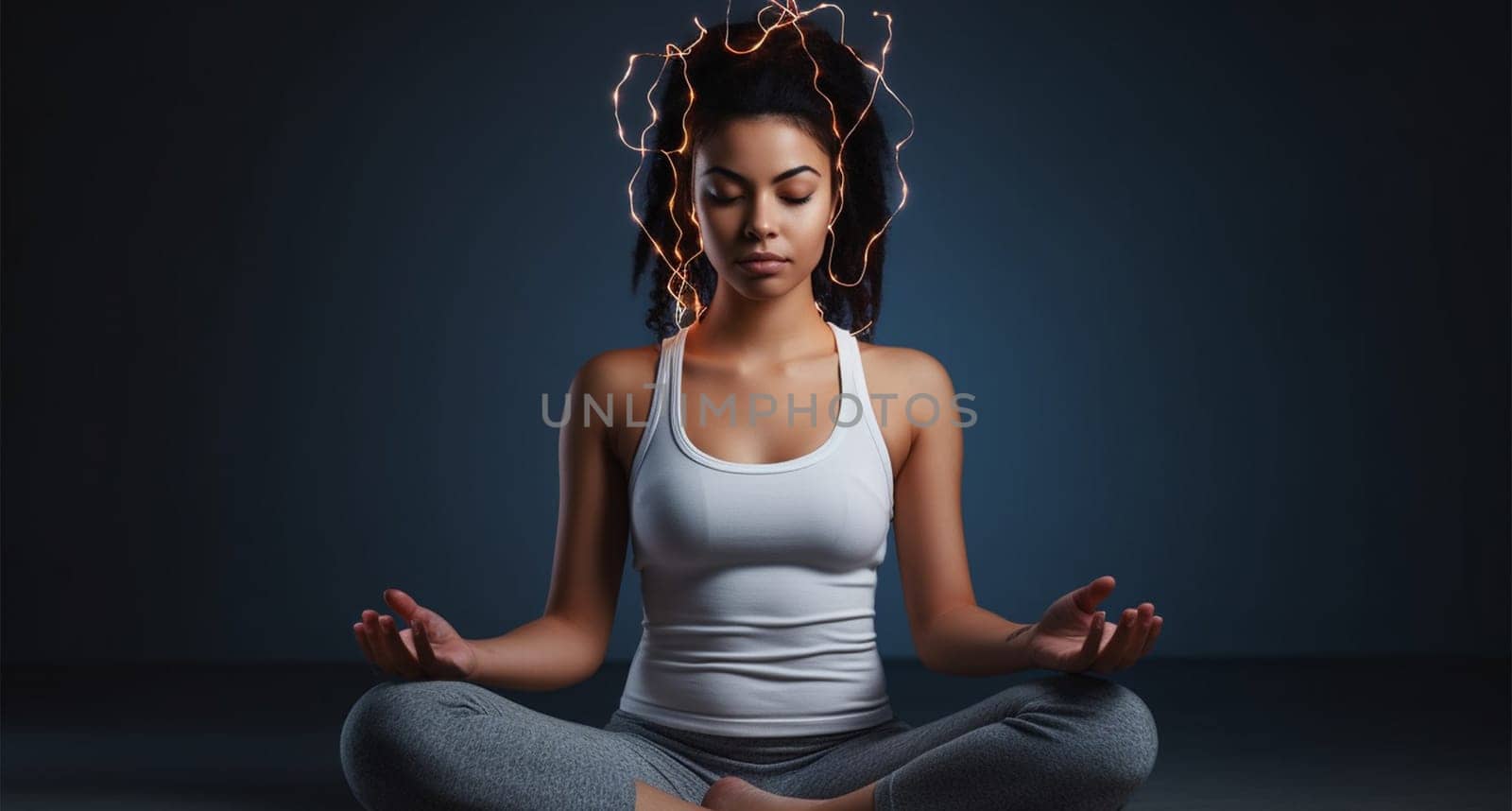 A woman sits in the lotus position on a dark background. energy and harmony