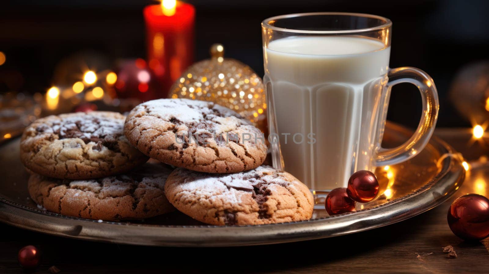 A cup of hot milk and homemade chocolate chip cookies on a plate next to Christmas decorations