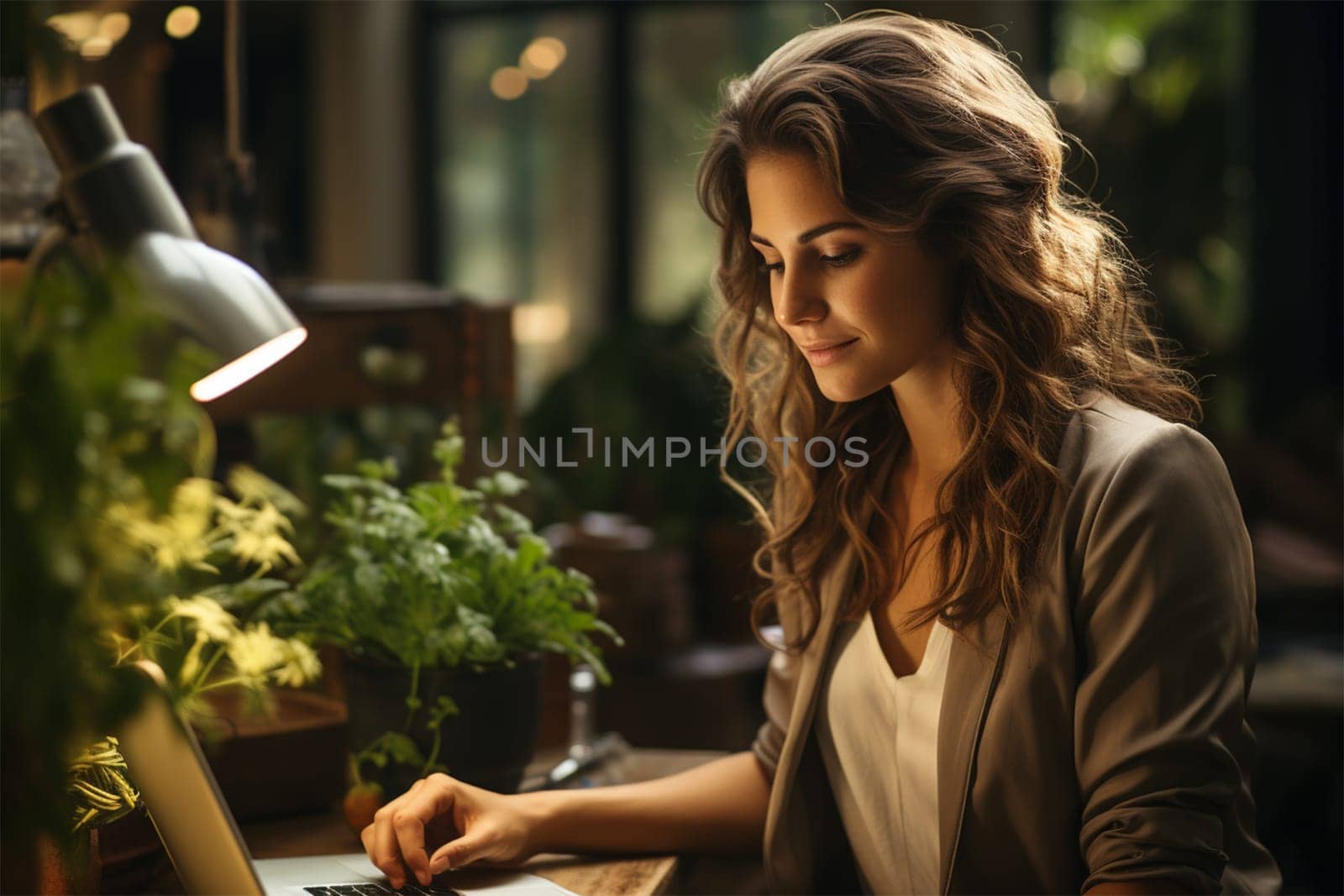 young woman scientists working using a laptop in a greenhouse with flowers. creating a plant catalog