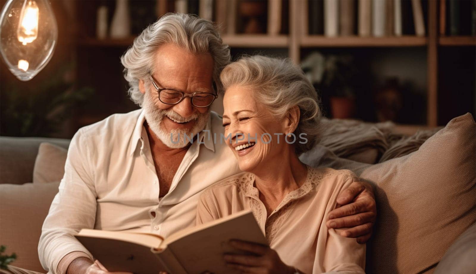 couple of happy elderly spouses sitting on the sofa and reading a new interesting book in the bright interior of the living room indoors.