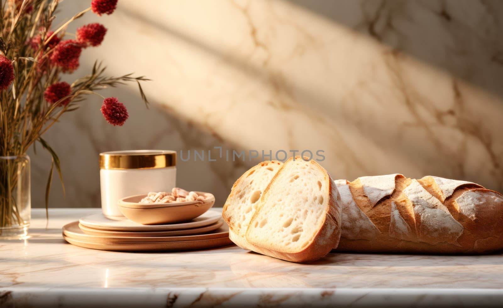 fresh bread on a marble tabletop early in the morning.